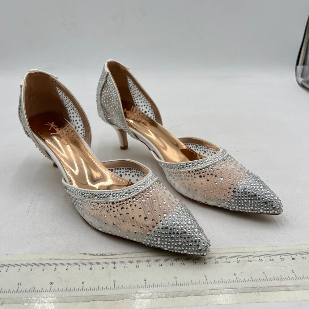 XYD Silver Pointed Toe D'Orsay Kitten Heel Rhinestone Studs Slip-On Pump - Picture 4 of 8
